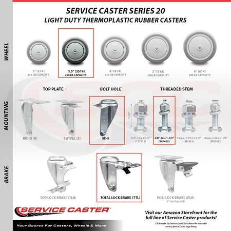 Service Caster 3.5 Inch Thermoplastic Rubber Swivel 3/8 Inch Stem Caster Set Total Lock Brake SCC-TSTTL20S3514-TPRB-381615-4